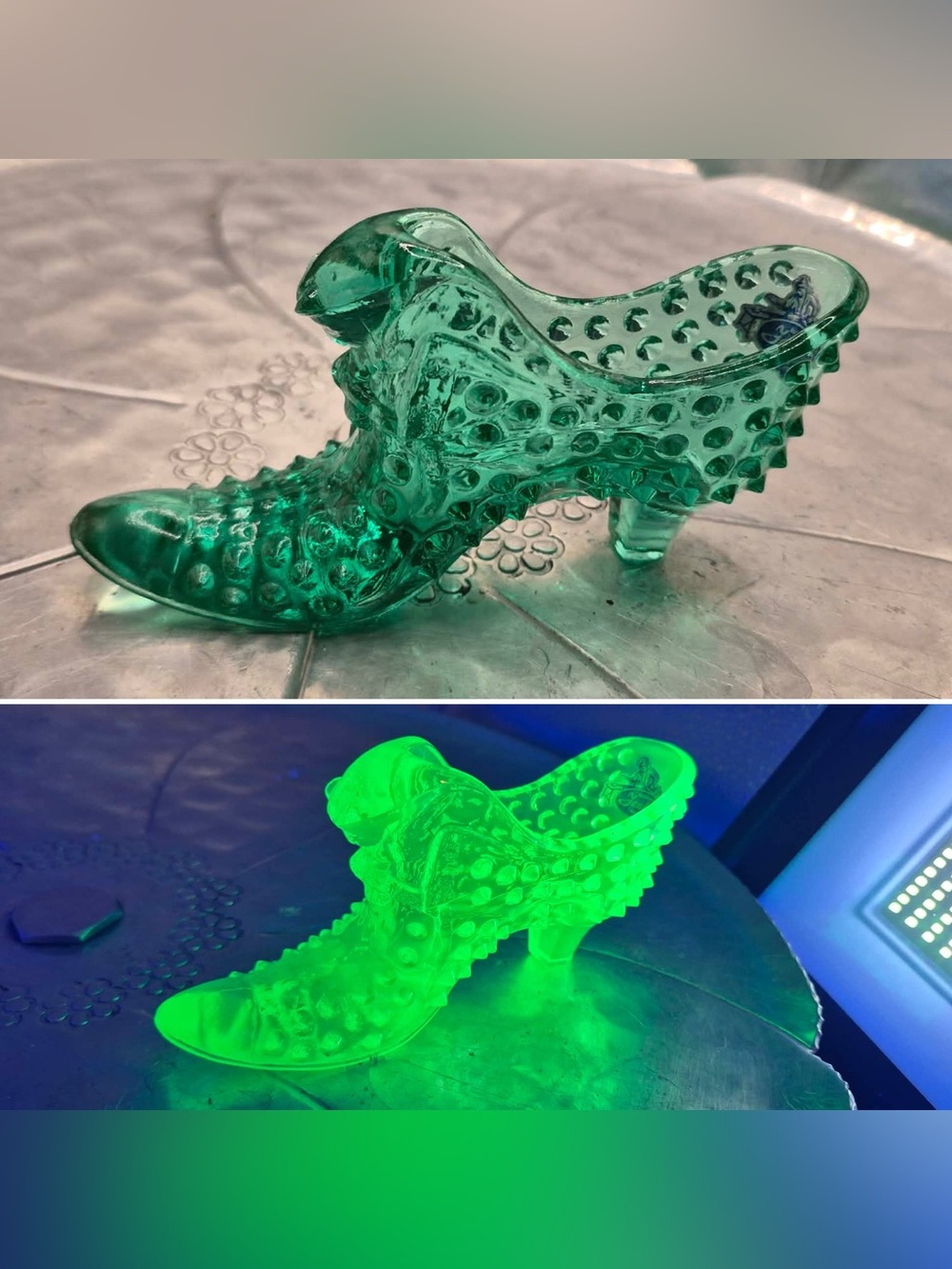 RARE Glowing Fenton Glass Green or Teal Hobnail Cat Head Slipper / Uranium Shoe